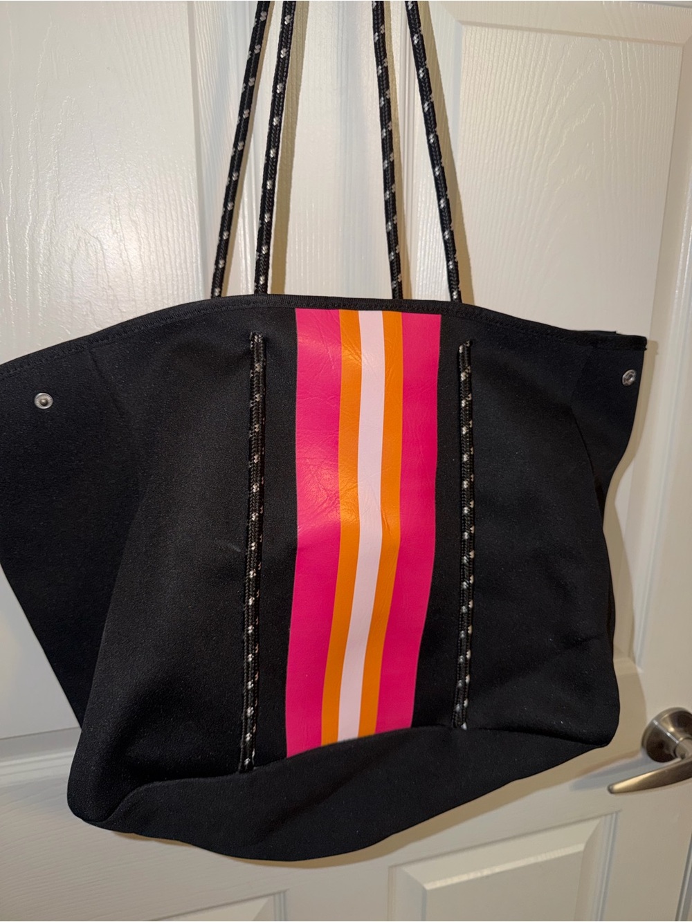 Black Neoprene Tote Bag Pink Orange Stripe Large Shoulder Beach Bag